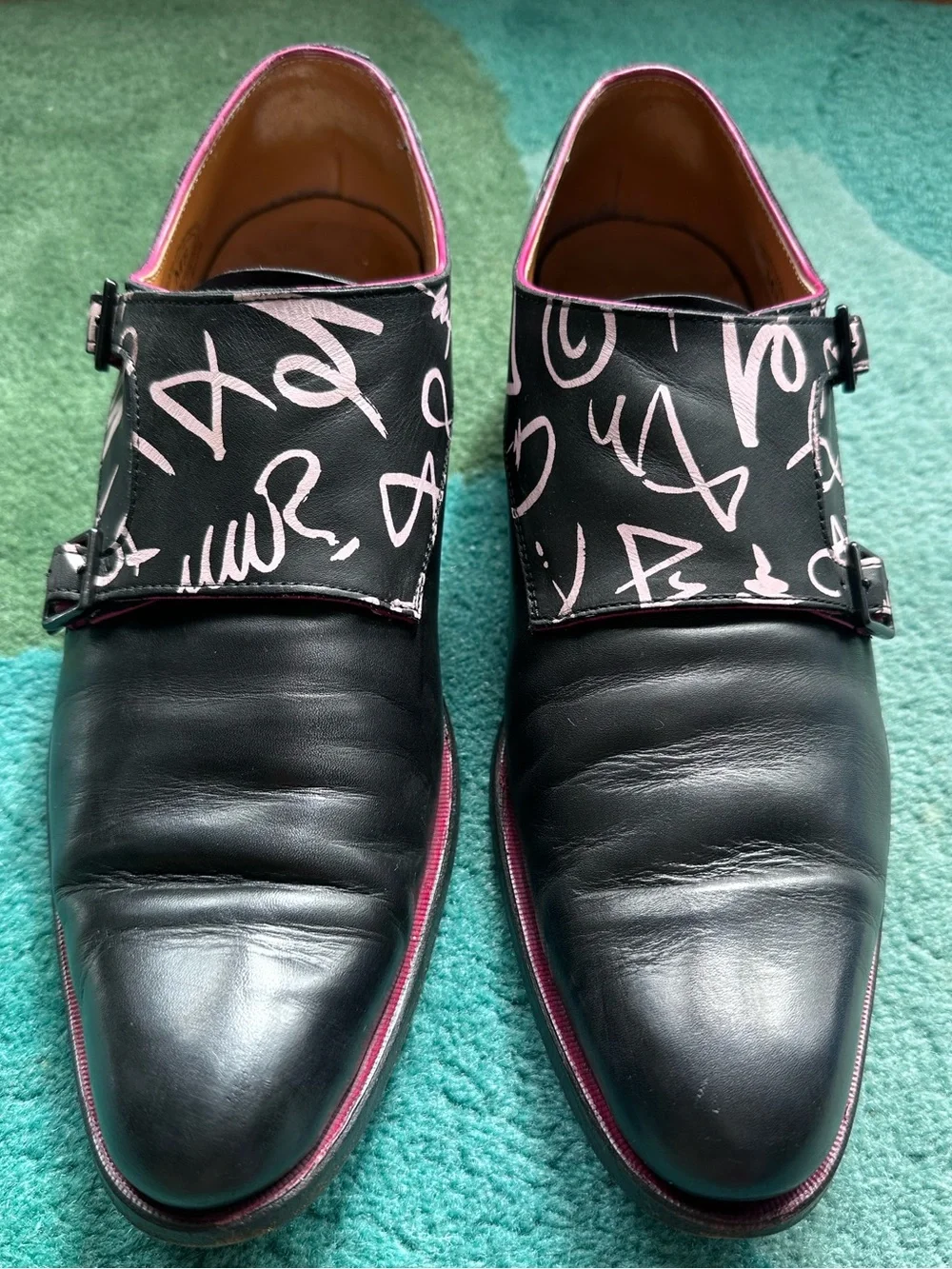 Fluevog Twin Turbine 205 Pine Street black graphic print monk strap shoe -M8/W10